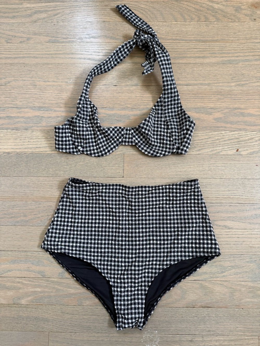 Black & White Gingham High-Waist Bikini Set, Sz Small